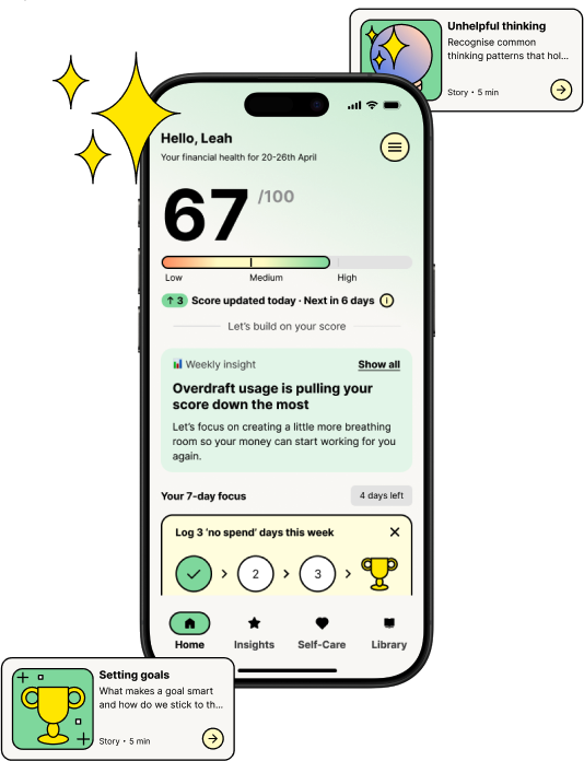 The Good With app showing a financial health score of 67 out of 100